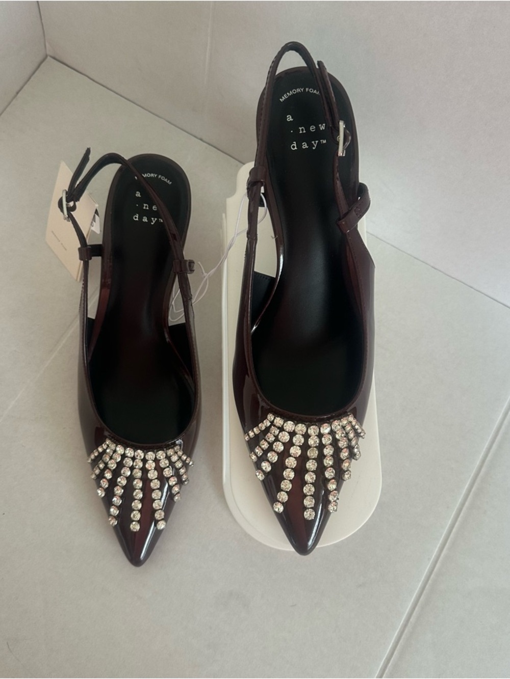 A New Day Women's Burgundy Rhinestone Slingback Stiletto Heels Pointed size7 1/2